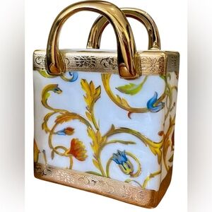 Porcelain tote trinket holder w metallic gold trim, floral yellow damask design